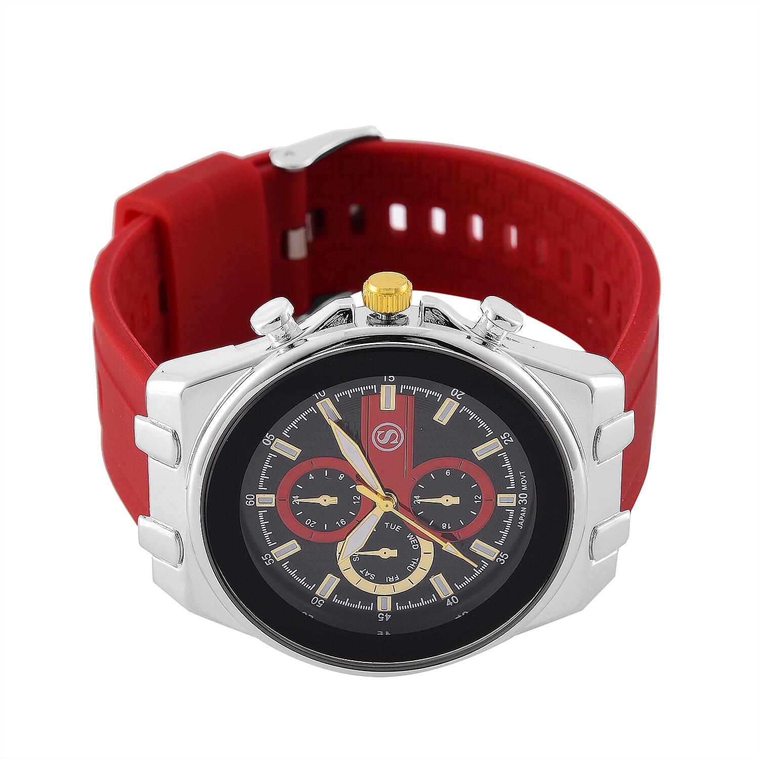 STRADA Japanese Movement Water Resistant Black Hydraulic Dial Watch with Red Colour Silicone Strap