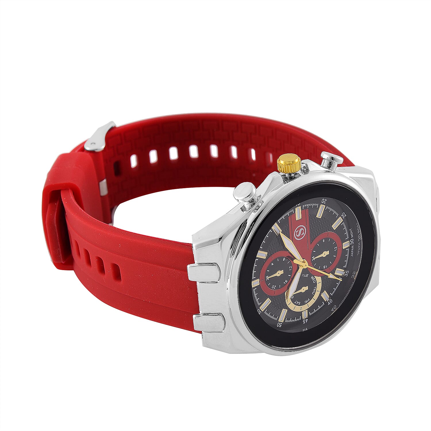 STRADA Japanese Movement Water Resistant Black Hydraulic Dial Watch with Red Colour Silicone Strap