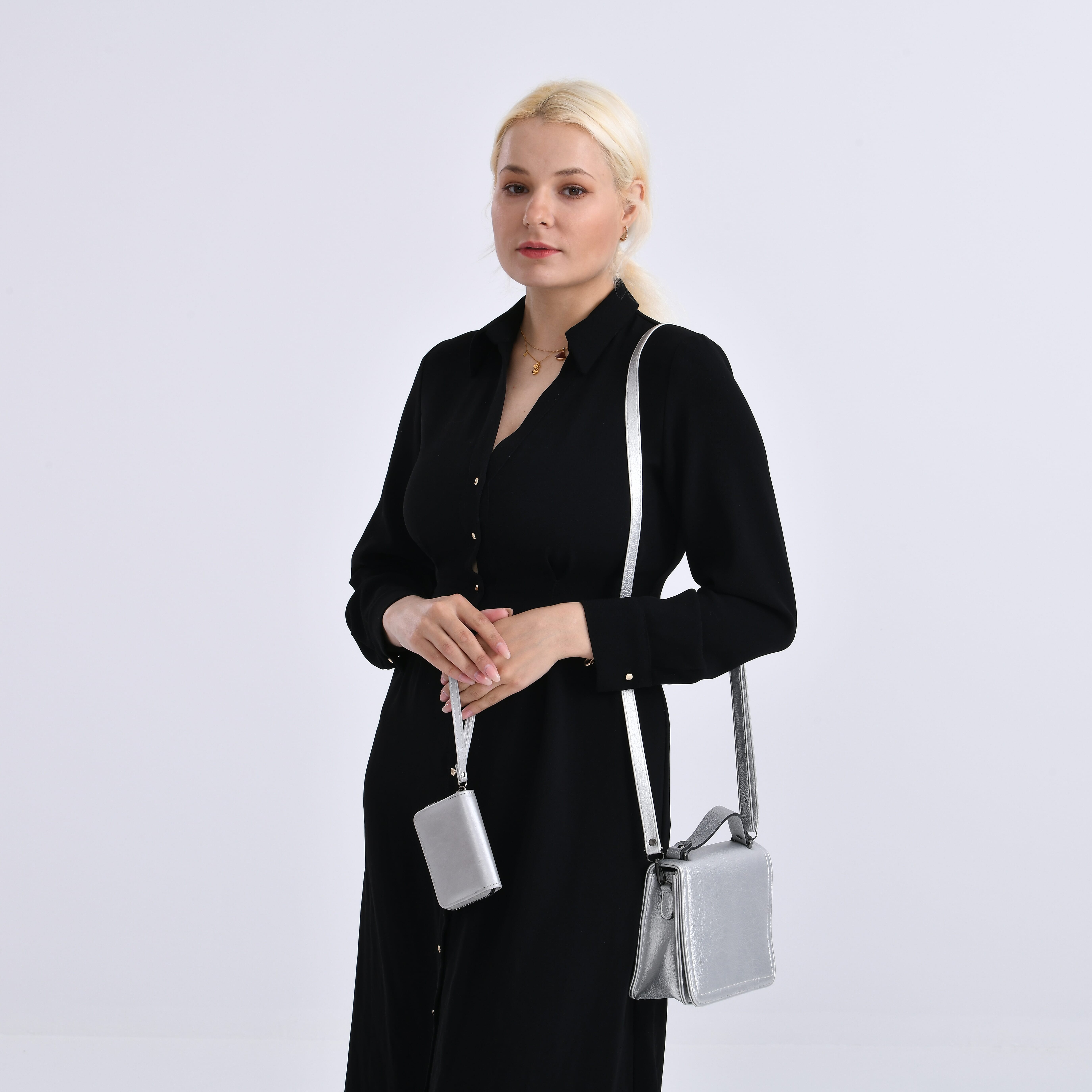 Set of 2- Sling Crossbody Bag with Card Holder - Silver