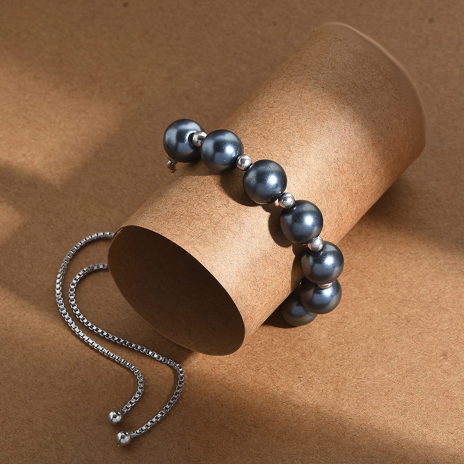 Created Tahitian Pearl Adjustable Bracelet (Size - 10.5) in Rhodium Overlay Sterling Silver 26.00 Ct.