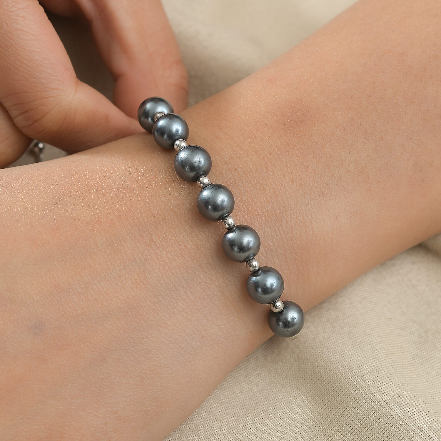Created Tahitian Pearl Adjustable Bracelet (Size - 10.5) in Rhodium Overlay Sterling Silver 26.00 Ct.