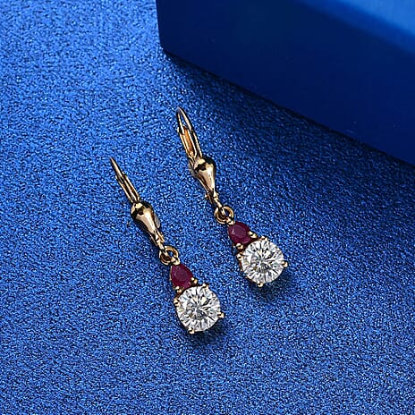 Moissanite & African Ruby Solitaire Lever Back Earring in 18K Vermeil Yellow Gold Plated Sterling Silver 1.94 Ct.