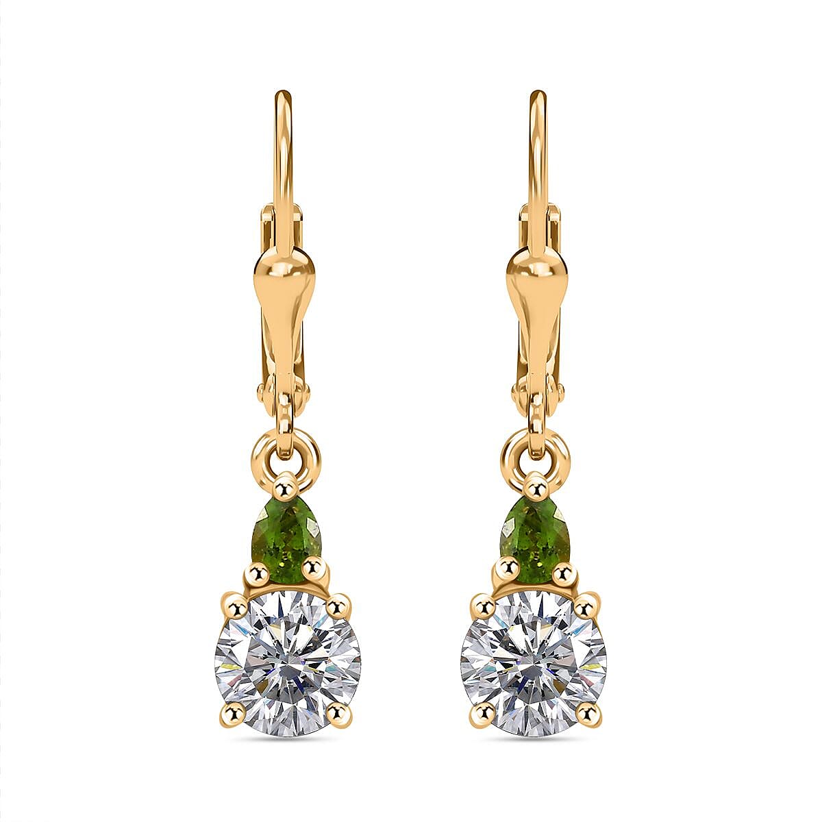 Moissanite & Natural Chrome Diopside Solitaire Lever Back Earring in 18K Vermeil Yellow Gold Plated Sterling Silver 1.85 Ct.