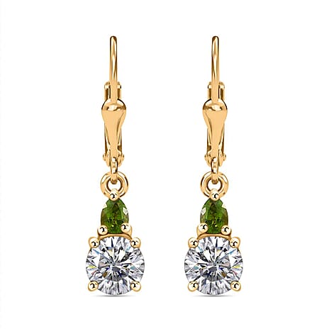 Moissanite & Natural Chrome Diopside Solitaire Lever Back Earring in 18K Vermeil Yellow Gold Plated Sterling Silver 1.85 Ct.