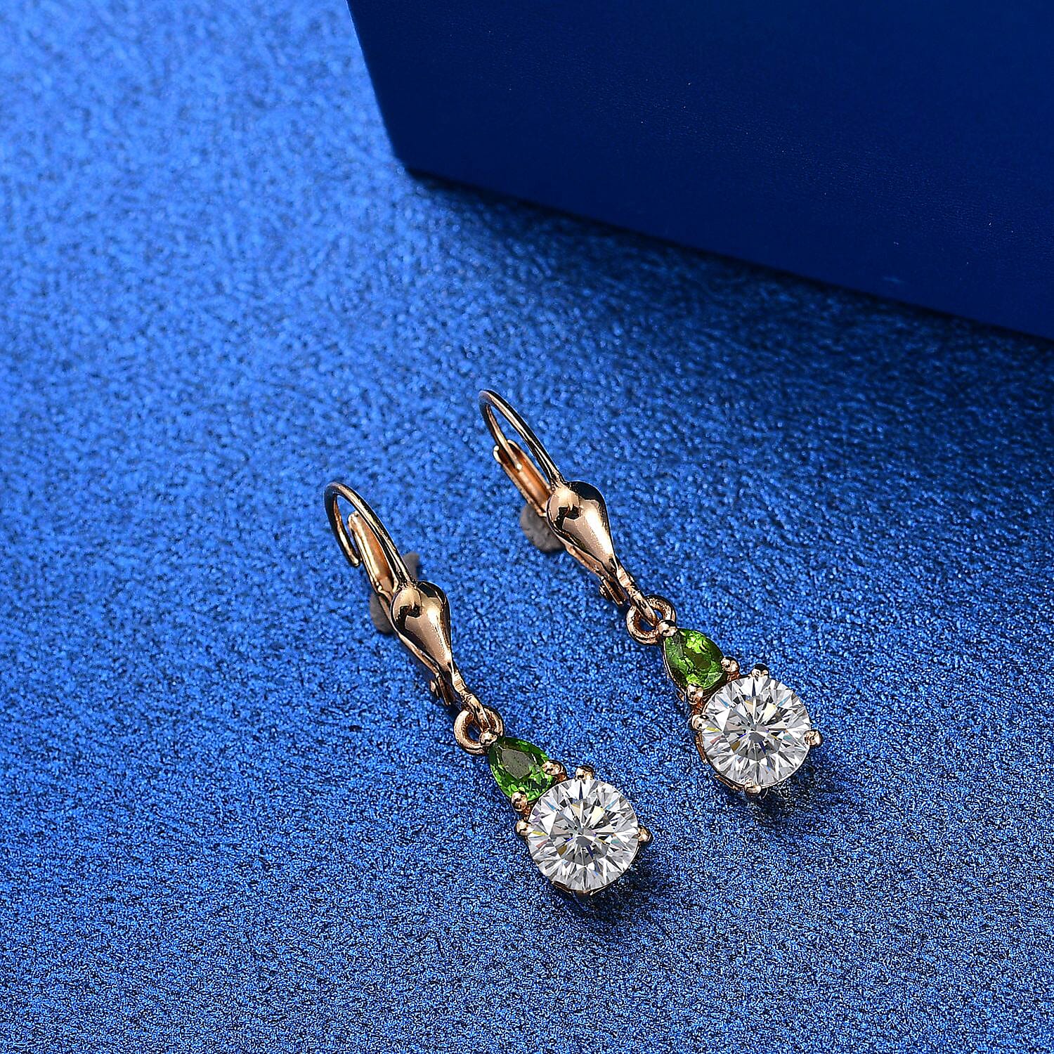Moissanite & Natural Chrome Diopside Solitaire Lever Back Earring in 18K Vermeil Yellow Gold Plated Sterling Silver 1.85 Ct.