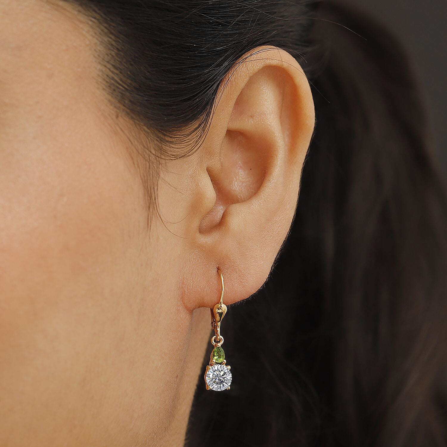 Moissanite & Natural Chrome Diopside Solitaire Lever Back Earring in 18K Vermeil Yellow Gold Plated Sterling Silver 1.85 Ct.