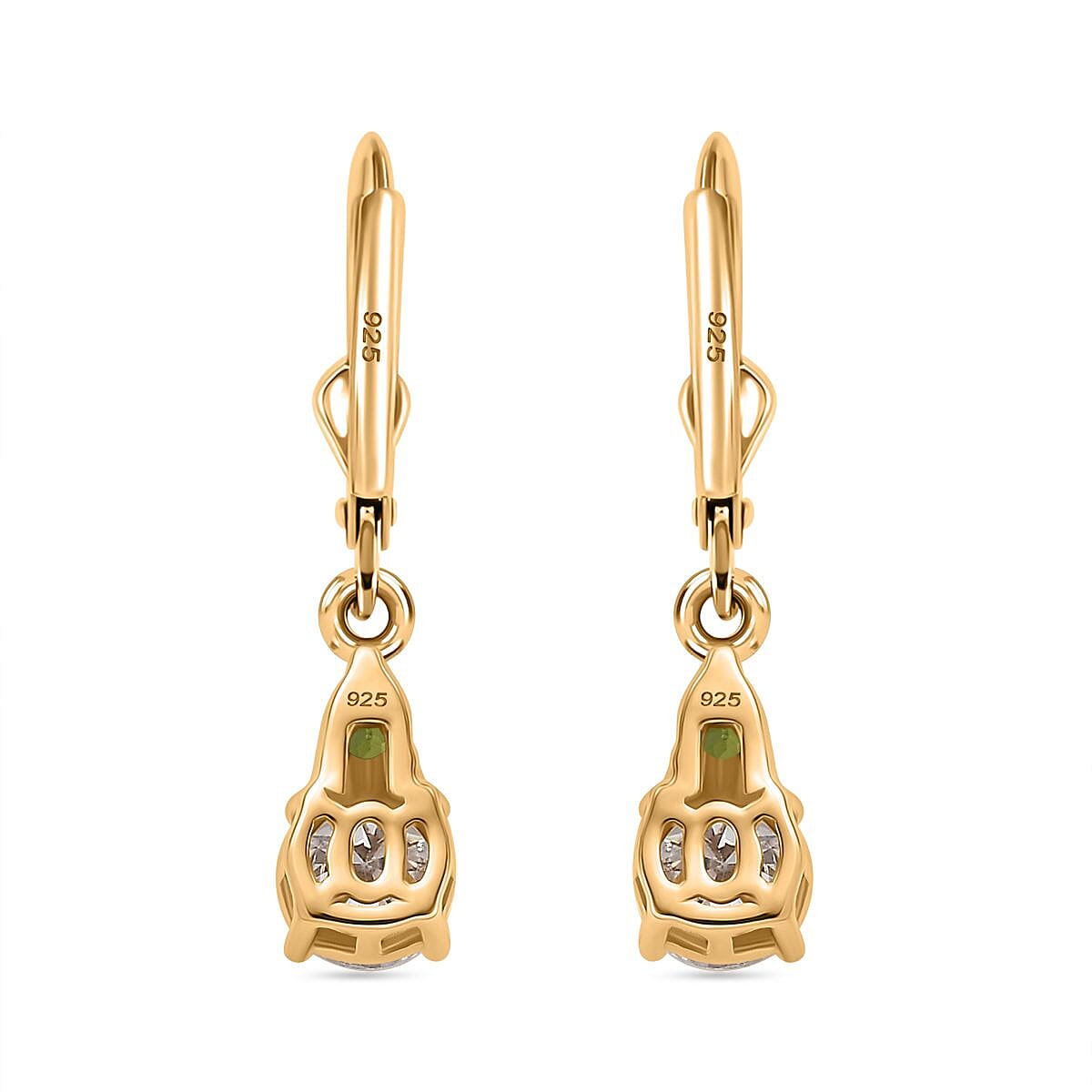 Moissanite & Natural Chrome Diopside Solitaire Lever Back Earring in 18K Vermeil Yellow Gold Plated Sterling Silver 1.85 Ct.