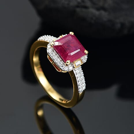 African Ruby & Moissanite Ring in 18K Vermeil Yellow Gold Plated Sterling Silver 3.13 Ct.