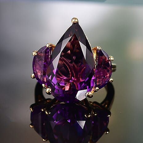 African Amethyst 3 Stone Ring in 18K Vermeil Yellow Gold Plated Sterling Silver 12.99 Ct.