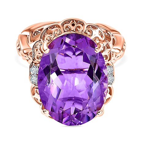 Pink Amethyst & White Zircon Solitaire Ring in 18K Vermeil Rose Gold Plated Sterling Silver 11.62 Ct.