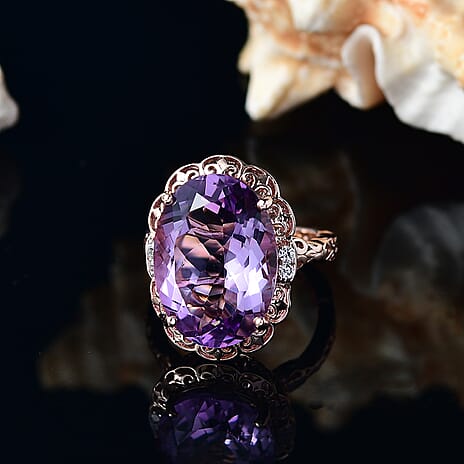 Pink Amethyst & White Zircon Solitaire Ring in 18K Vermeil Rose Gold Plated Sterling Silver 11.62 Ct.