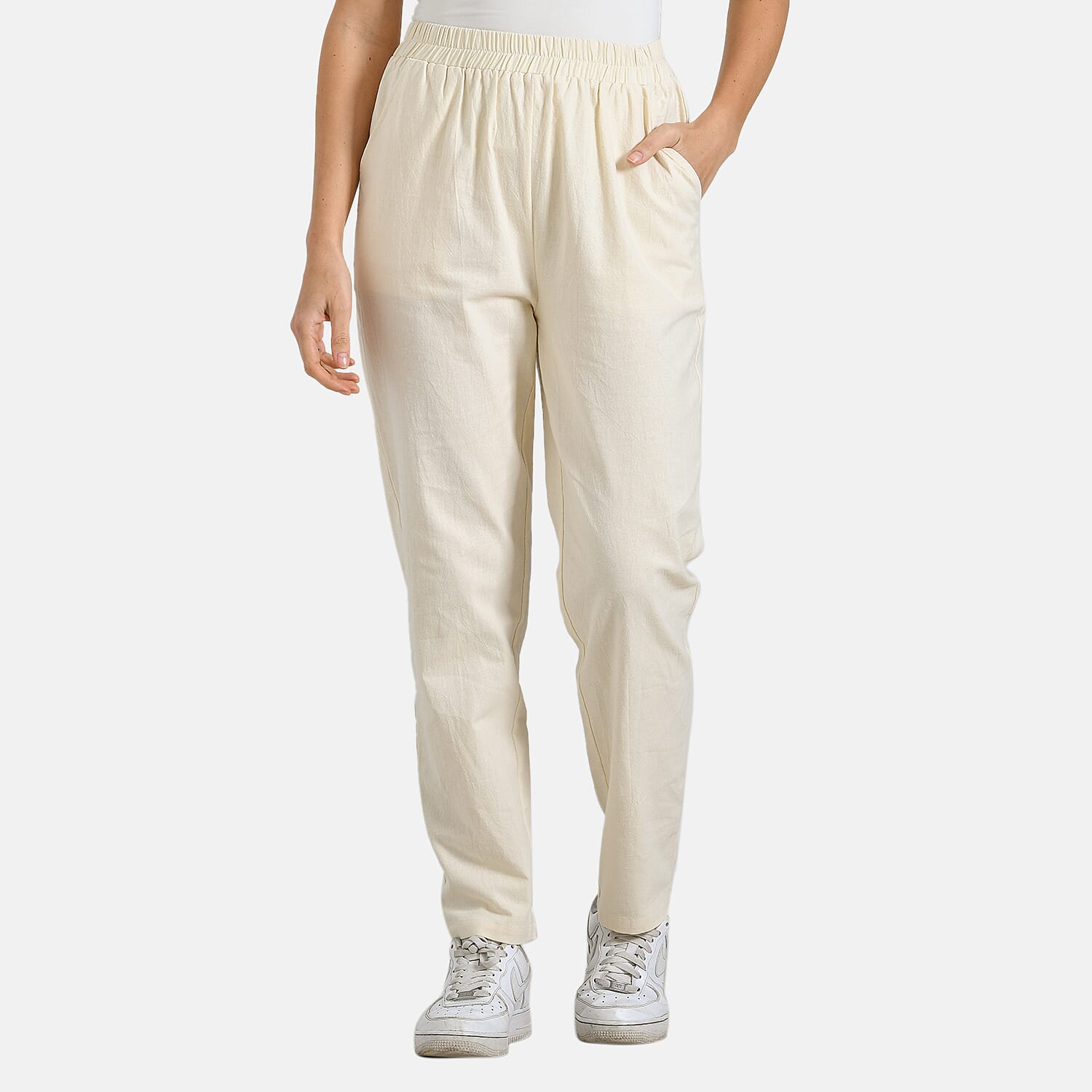 La Marey 100% Cotton Relaxed Fit Capri Trousers (Size - S) - Beige