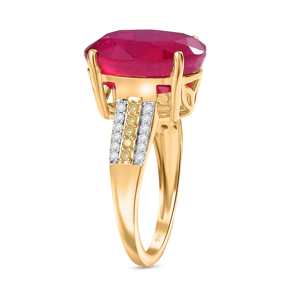 9K Yellow Gold African Ruby, Natural Yellow Diamond & White Diamond Ring 10.30 Ct, Gold Wt.2.92 Gms.