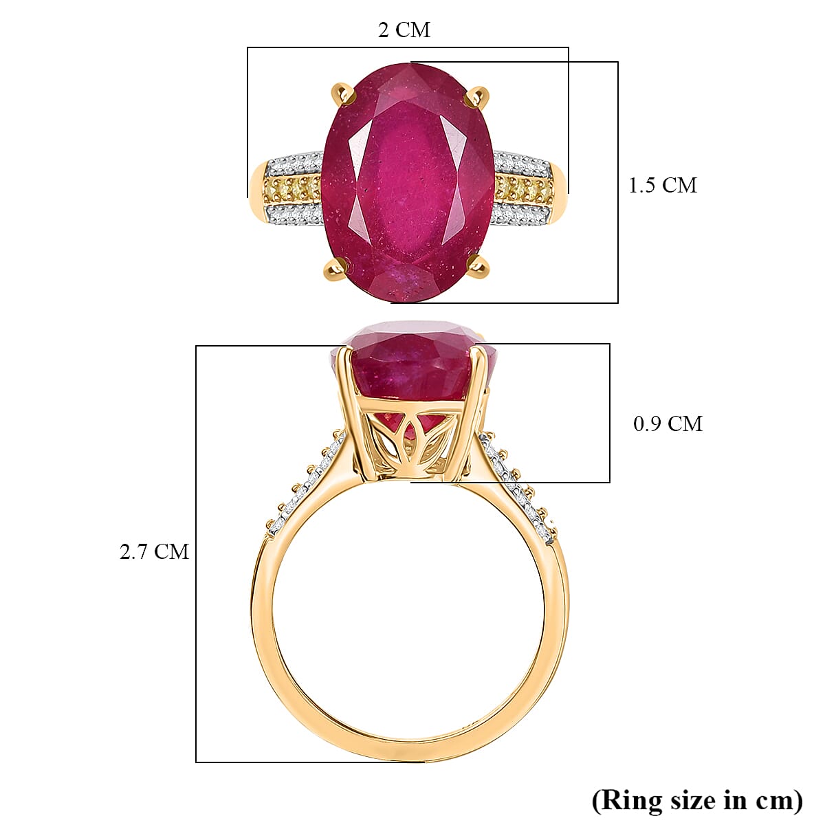 9K Yellow Gold African Ruby, Natural Yellow Diamond & White Diamond Ring 10.30 Ct, Gold Wt.2.92 Gms.