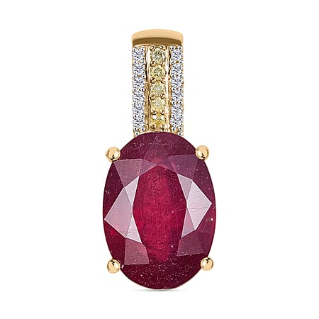 9K Yellow Gold African Ruby, Natural Yellow Diamond & White Diamond Pendant 9.52 Ct.