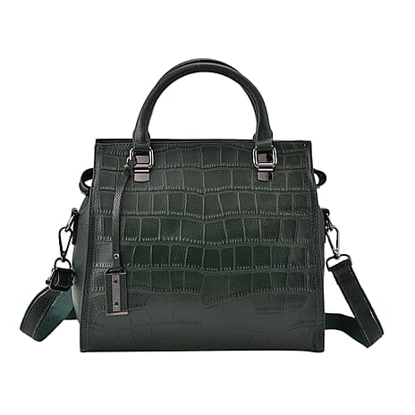 Leather Croc Pattern Crossbody Bag - Dark Green