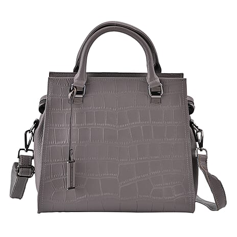 Genuine Leather Croc-Embossed Crossbody Bag - Grey