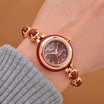 ONE TIME DEAL - GENOA TIME V2 Japanese Movt. Red Jade, Resin & Austrian White Crystal Bracelet Watch