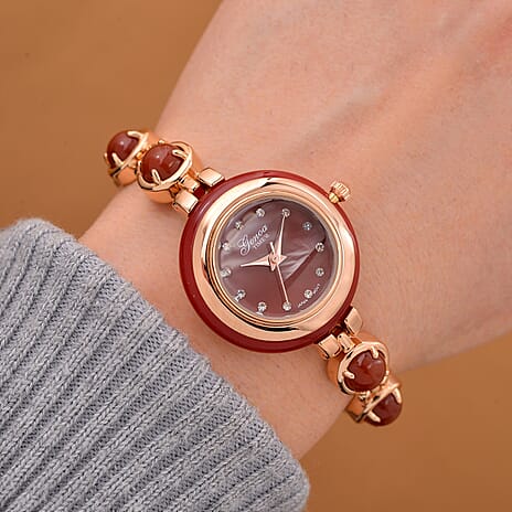 BLACK FRIDAY ONE TO OWN - GENOA TIME V2 Japanese Movt. Red Jade, Resin & Austrian White Crystal Bracelet Watch