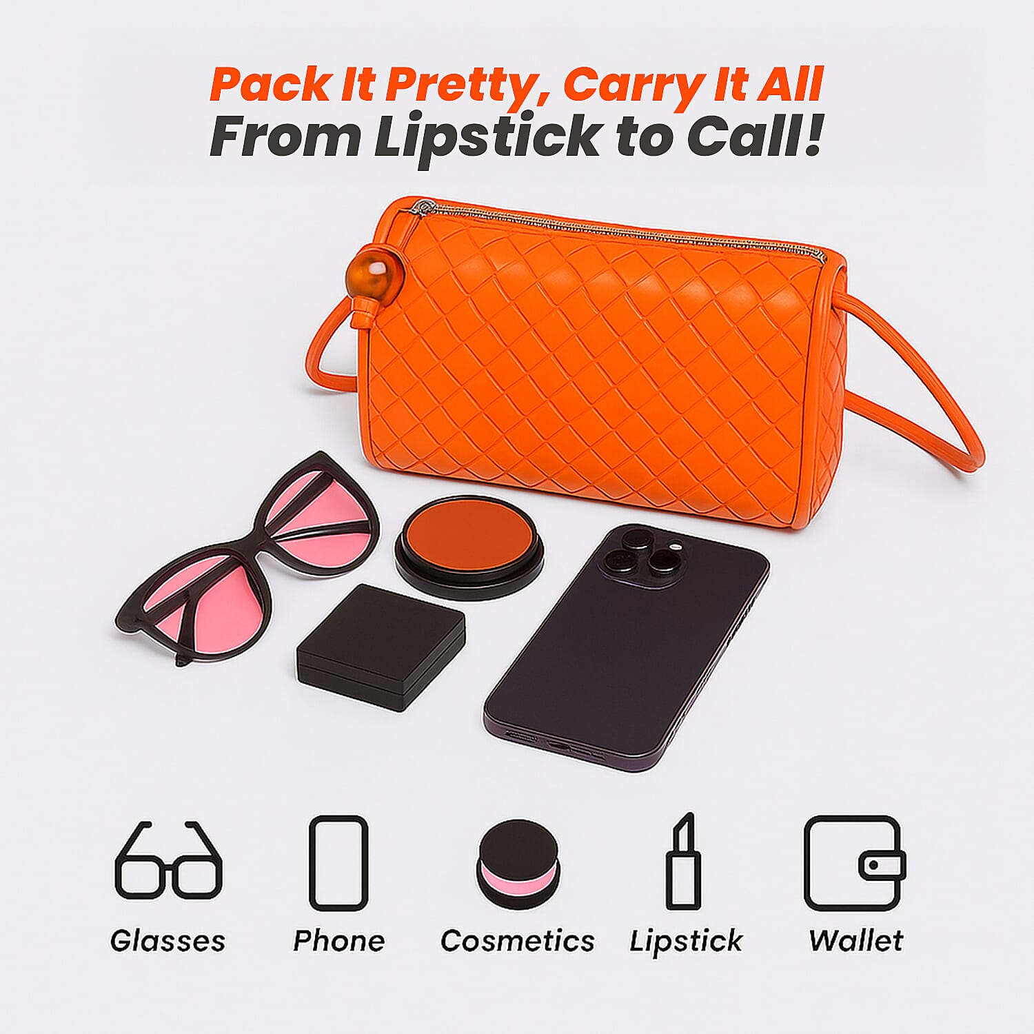 Fully Lined Woven Pattern Crossbody Bag - Orange