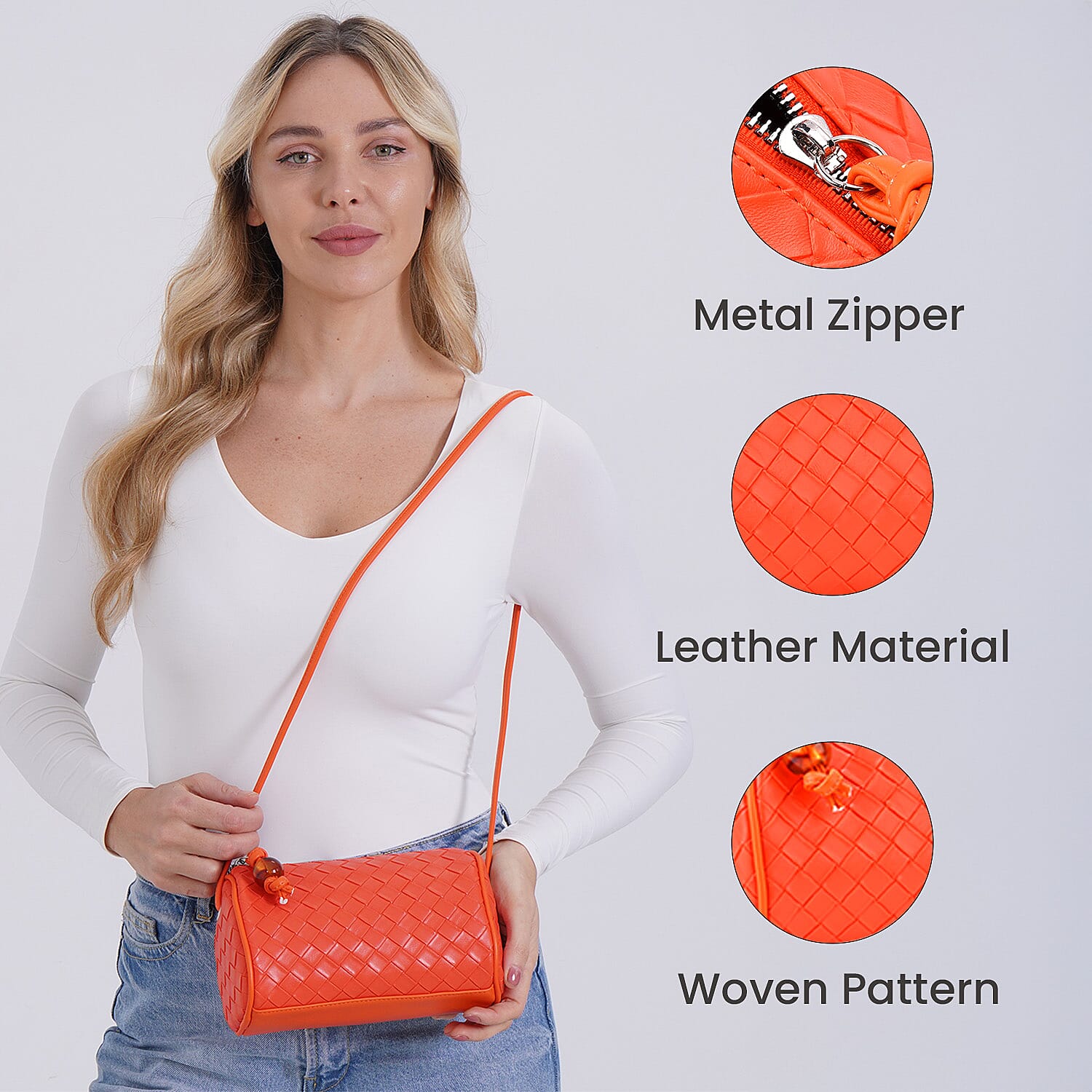 Fully Lined Woven Pattern Crossbody Bag - Orange
