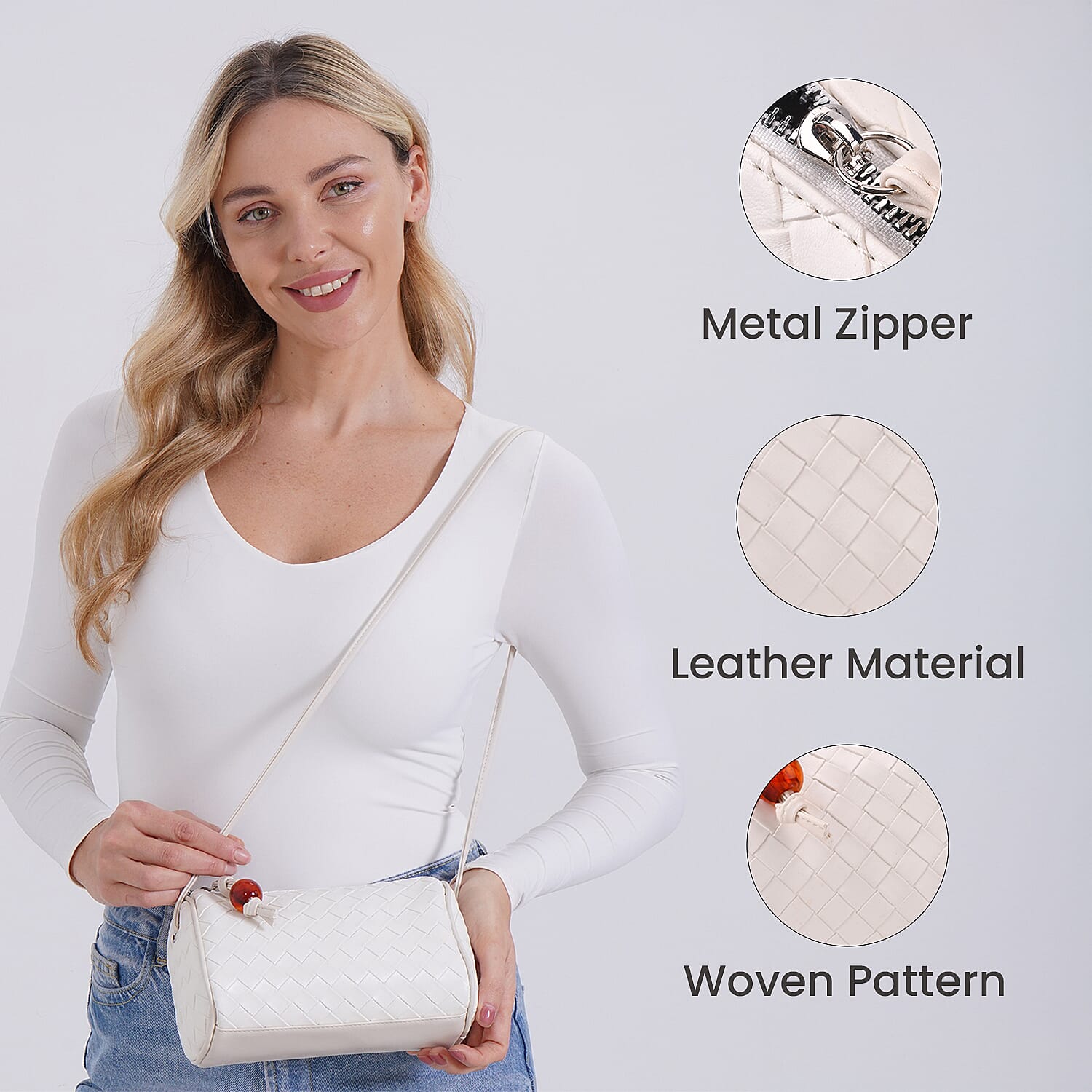 Fully Lined Woven Crossbody Bag - Cream