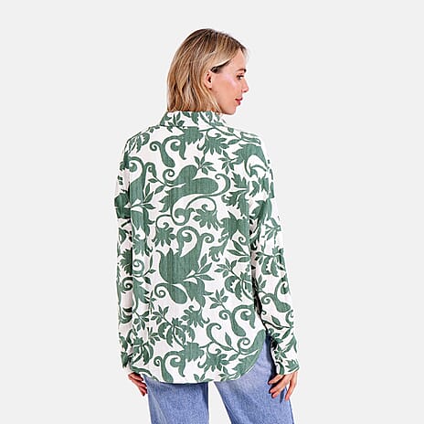 Tamsy Abstract Floral Print Long Sleeve Shirt (Size - S-M) - White Base with Green Print