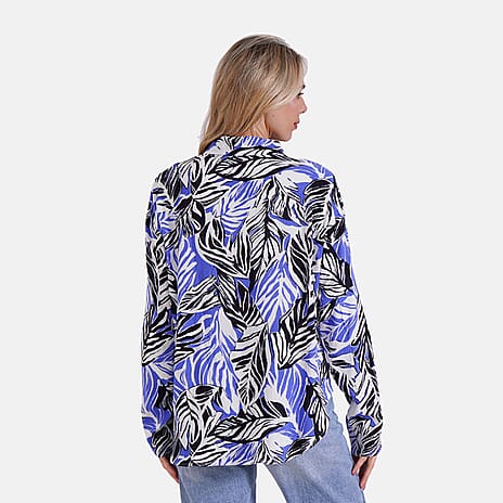 Style By Abstract Floral Print Long Sleeve Shirt (Size - L-XL) - Blue - White