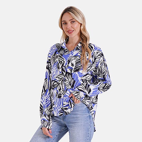 Style By Abstract Floral Print Long Sleeve Shirt (Size - L-XL) - Blue - White