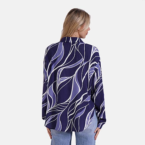Tamsy Abstract Print Long Sleeve Button-Down Shirt (Size S-M) - Blue