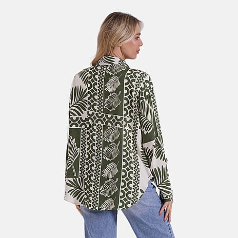 Tamsy Leaf & Abstract Design Mixed Print Long Sleeve Button-Down Shirt (Size S-M) - Green