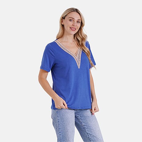 - Maisi Elegant V-Neck Lace Blouse (Size S) - Navy