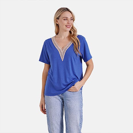 - Maisi Elegant V-Neck Lace Blouse (Size S) - Navy