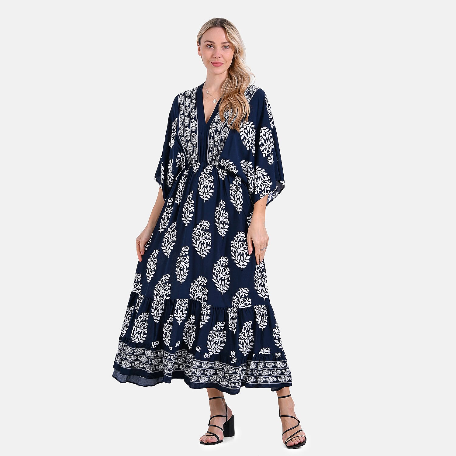 La Marey Bohemian Geometric Ethnic Print V-Neck Maxi Dress (One Size) - Navy Blue
