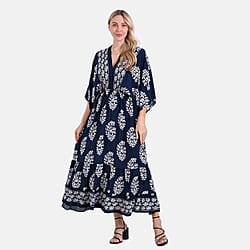 La Marey Bohemian Geometric Ethnic Print V-Neck Maxi Dress (One Size) - Navy Blue