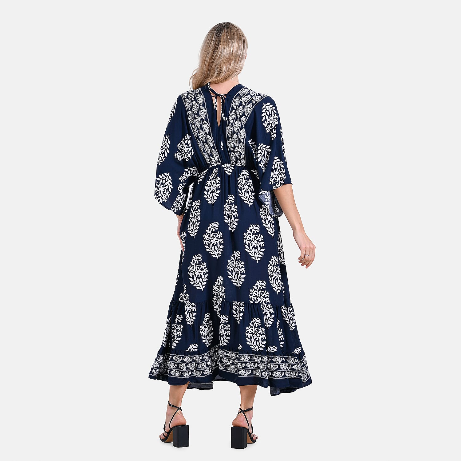 La Marey Bohemian Geometric Ethnic Print V-Neck Maxi Dress (One Size) - Navy Blue