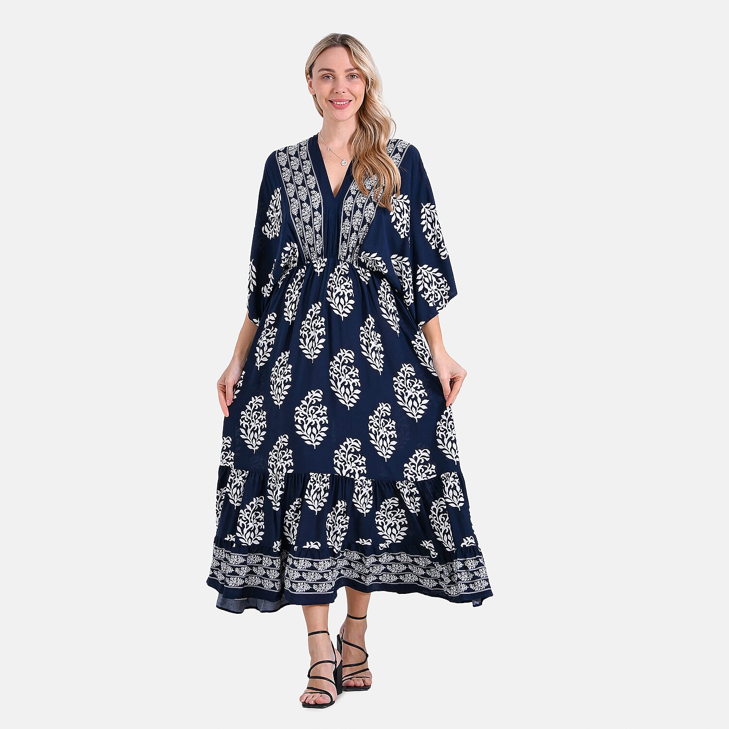 La Marey Bohemian Geometric Ethnic Print V-Neck Maxi Dress (One Size) - Navy Blue