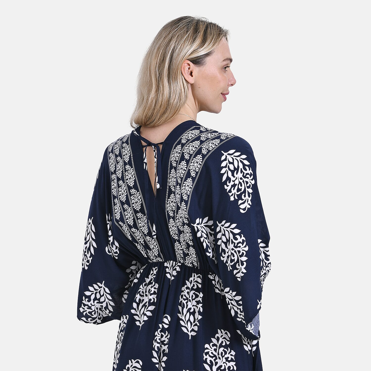 La Marey Bohemian Geometric Ethnic Print V-Neck Maxi Dress (One Size) - Navy Blue