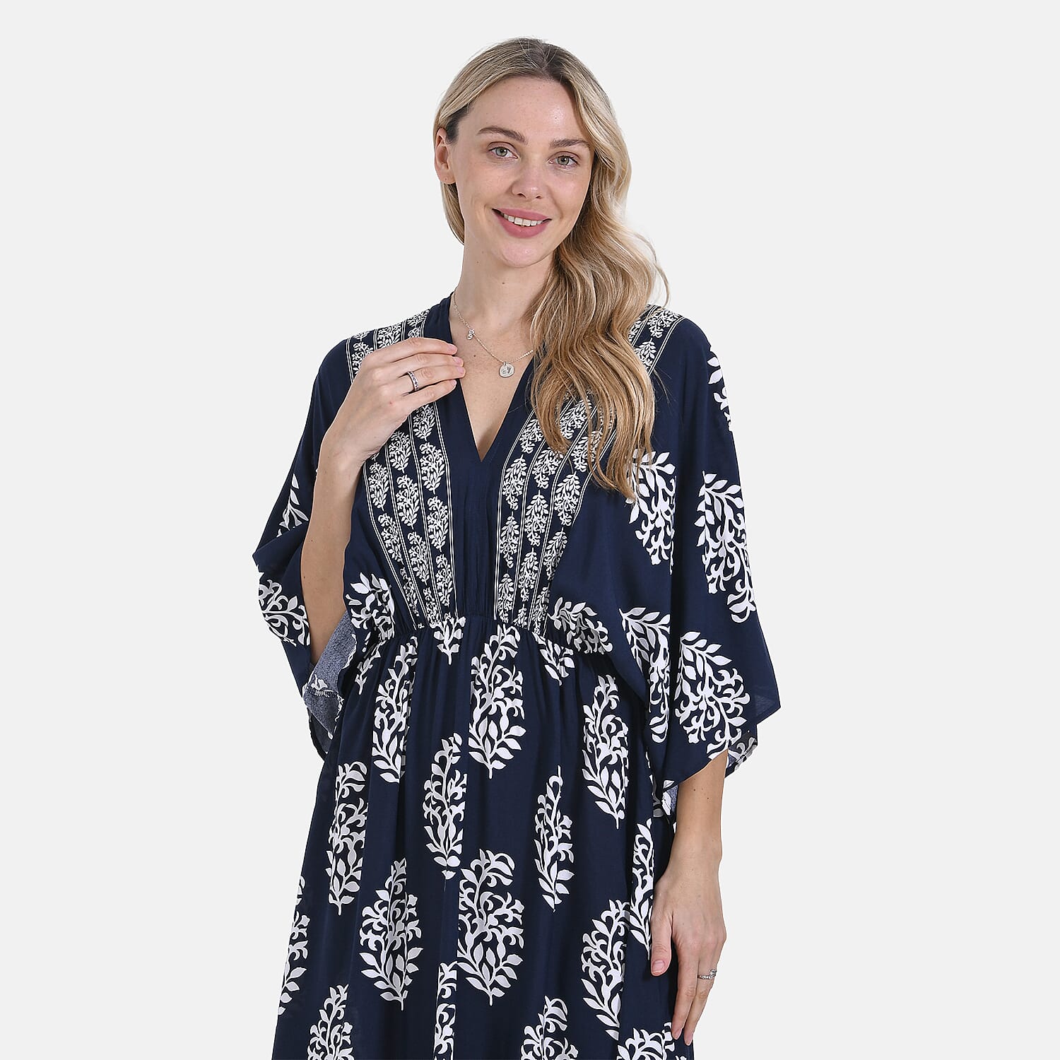 La Marey Bohemian Geometric Ethnic Print V-Neck Maxi Dress (One Size) - Navy Blue