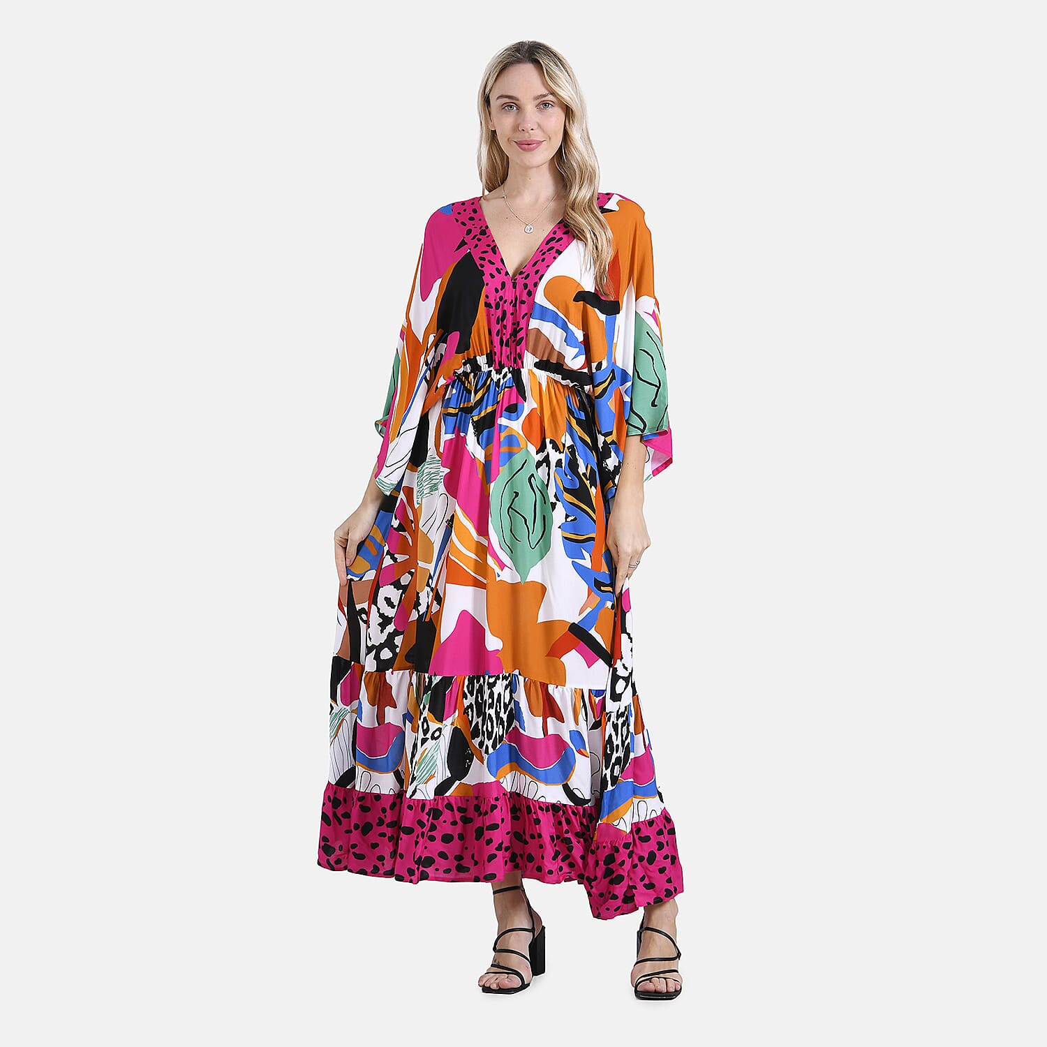 La Marey Bohemian Red Rose & Leopard Mixed Print V-Neck Maxi Dress (One Size)