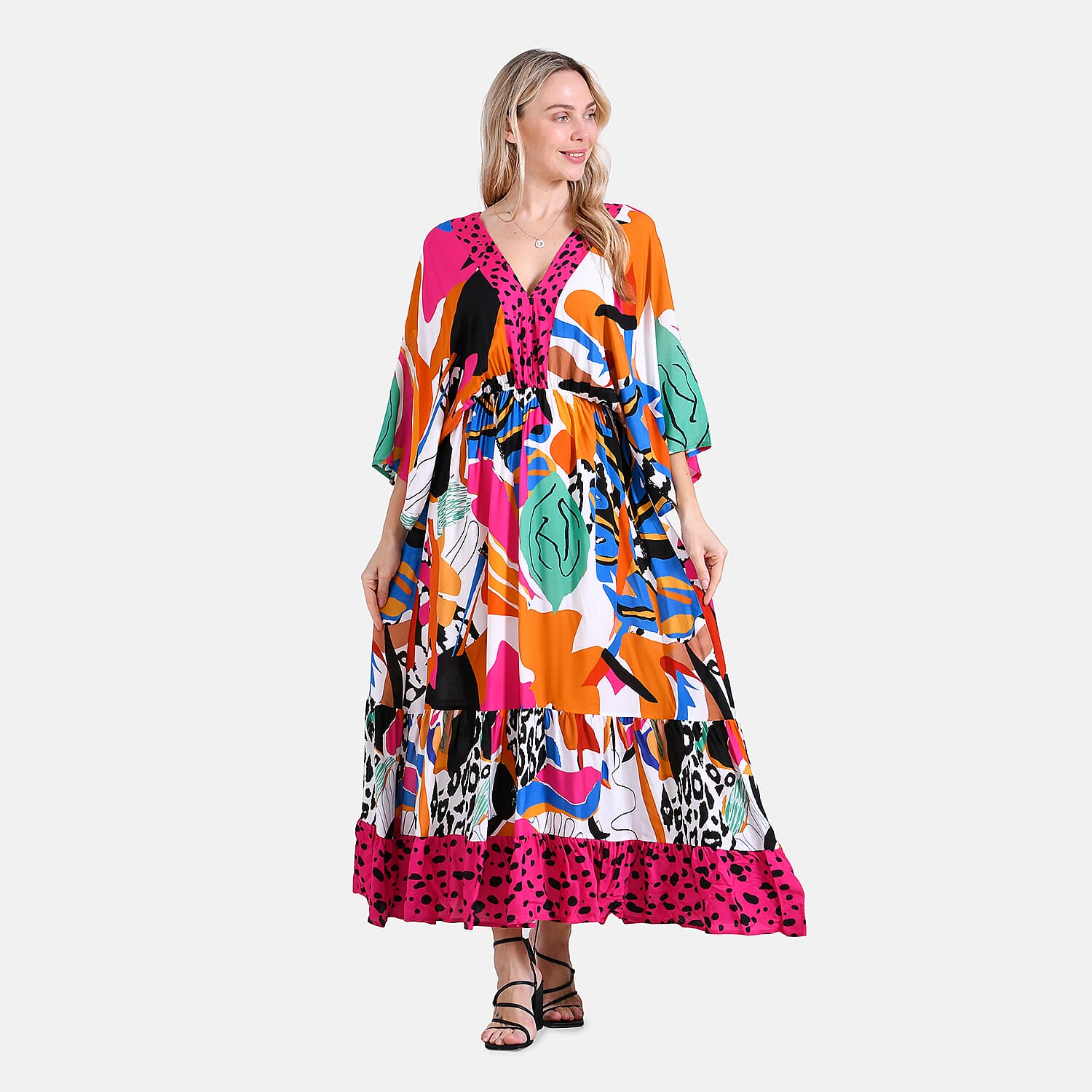 La Marey Bohemian Red Rose & Leopard Mixed Print V-Neck Maxi Dress (One Size)