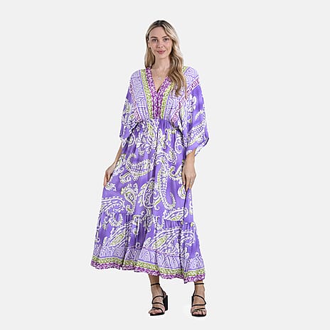 La Marey Bohemian Paisley Mixed Print V-Neck Maxi Dress (One Size) - Light Purple
