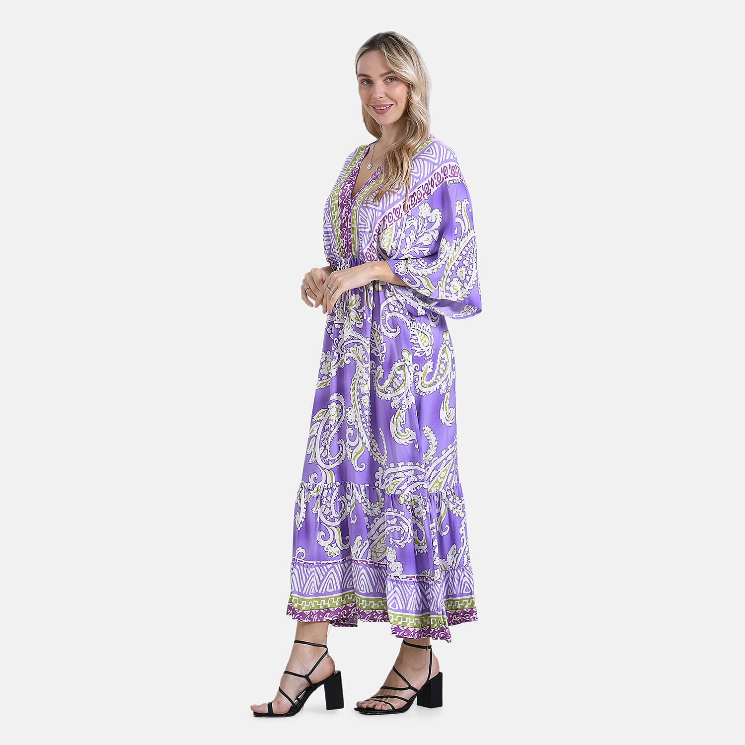 La Marey Bohemian Paisley Mixed Print V-Neck Maxi Dress (One Size) - Light Purple