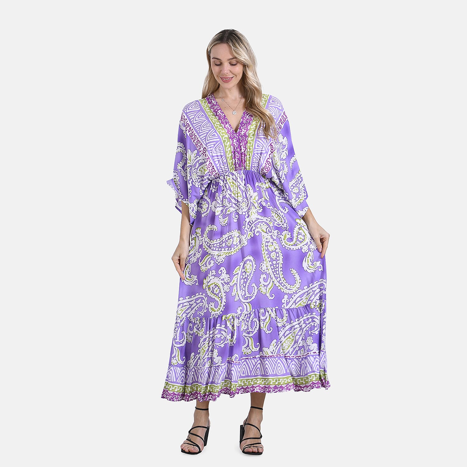 La Marey Bohemian Paisley Mixed Print V-Neck Maxi Dress (One Size) - Light Purple