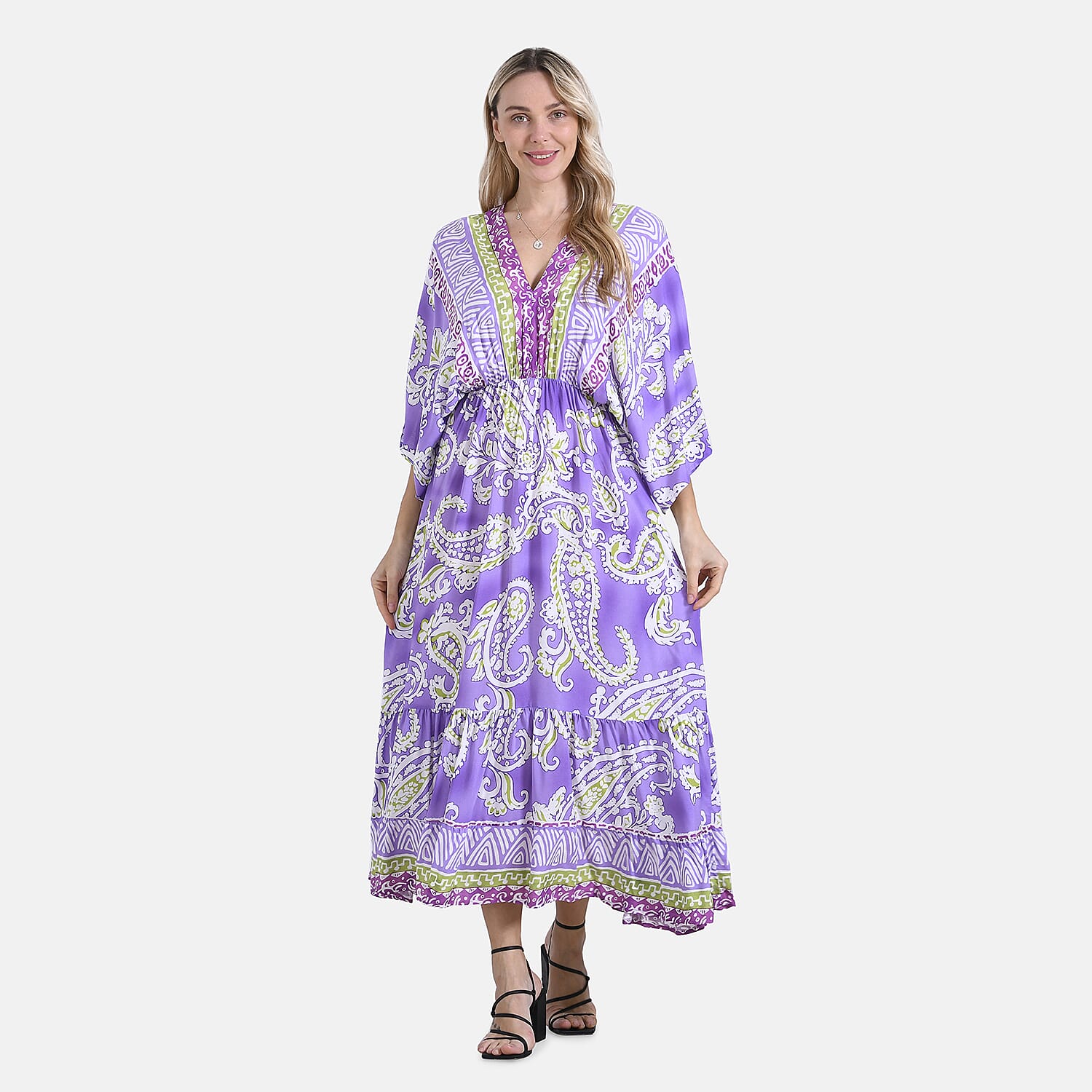 La Marey Bohemian Paisley Mixed Print V-Neck Maxi Dress (One Size) - Light Purple