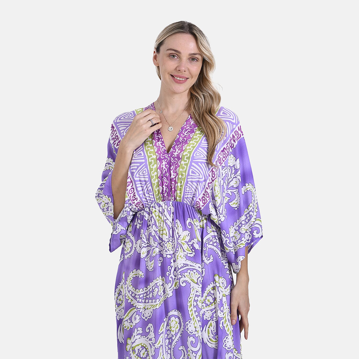 La Marey Bohemian Paisley Mixed Print V-Neck Maxi Dress (One Size) - Light Purple