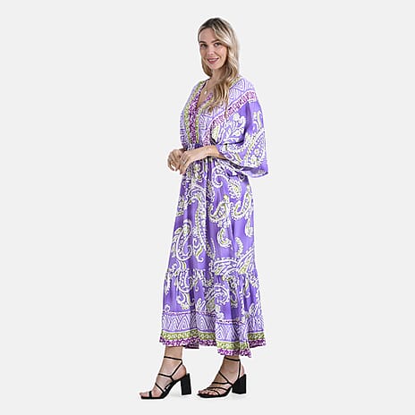 - Maisi Bohemian Paisley Mixed Print V-Neck Maxi Dress (One Size) - Light Purple