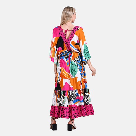 - Maisi Bohemian Red Rose - Leopard Mixed Print V-Neck Maxi Dress (One Size) - Multicolor