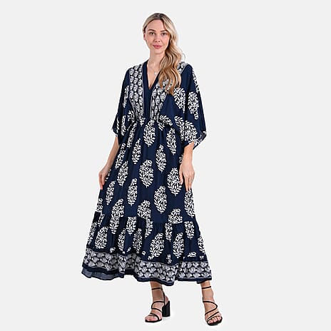 - Maisi Bohemian Geometric Ethnic Print V-Neck Maxi Dress (One Size) - Navy with White Print