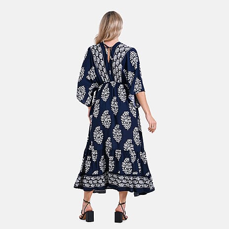 - Maisi Bohemian Geometric Ethnic Print V-Neck Maxi Dress (One Size) - Navy with White Print